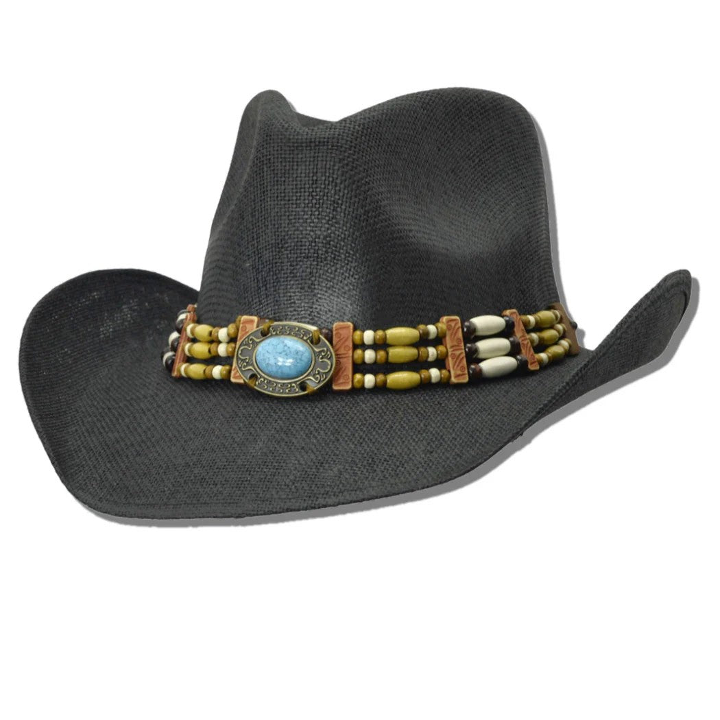 WESTERN TURQUOISE ACCENT WOOD BAND TRIM COWBOY HAT
