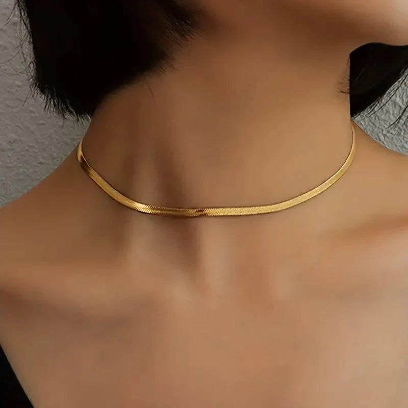 18K Gold Plated Simple Stainless Steel Choker Necklace - Rosmarray Collections, LLC.