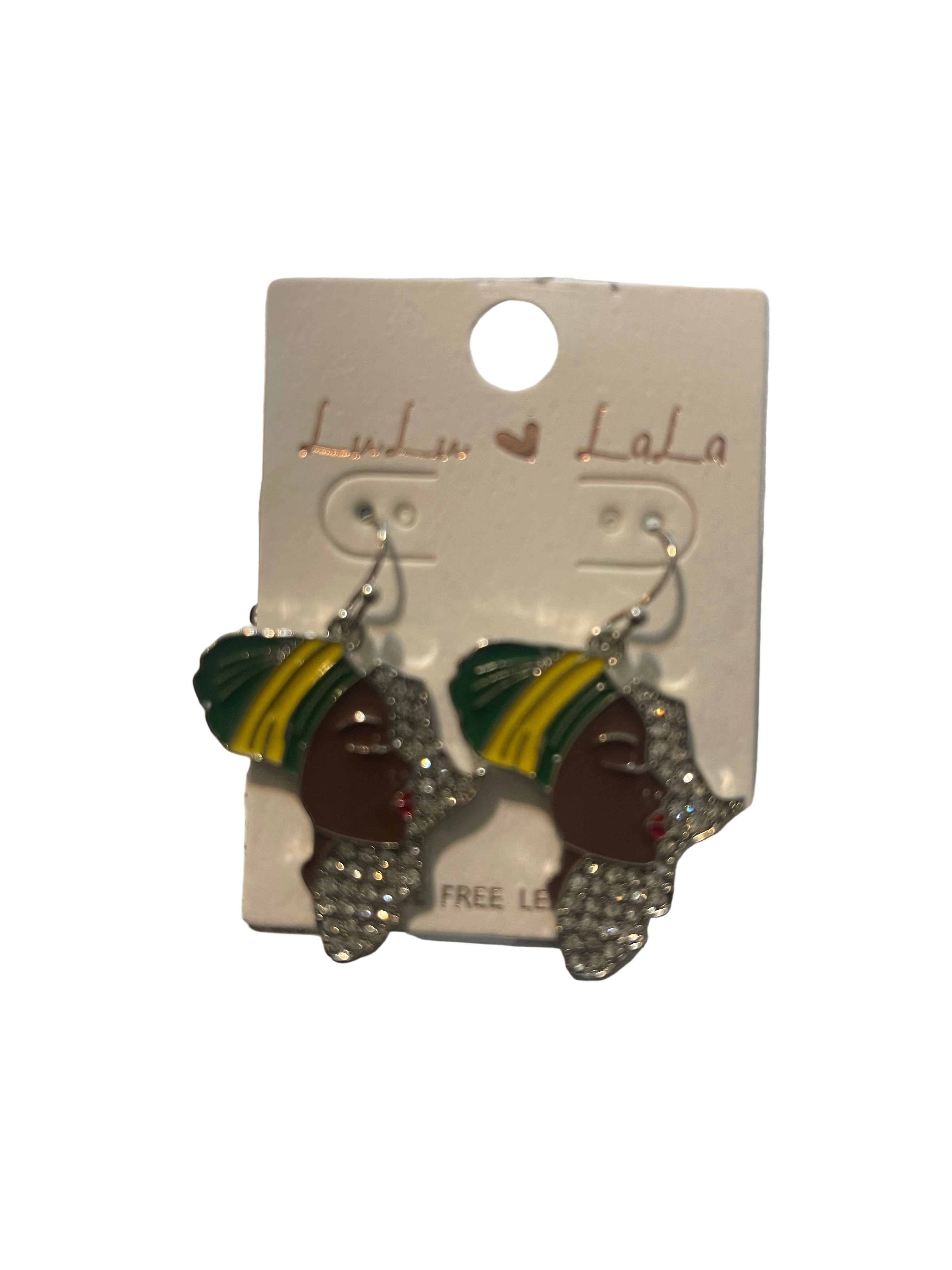 Silver African Woman Fish Hooks Rhinestone Earrings