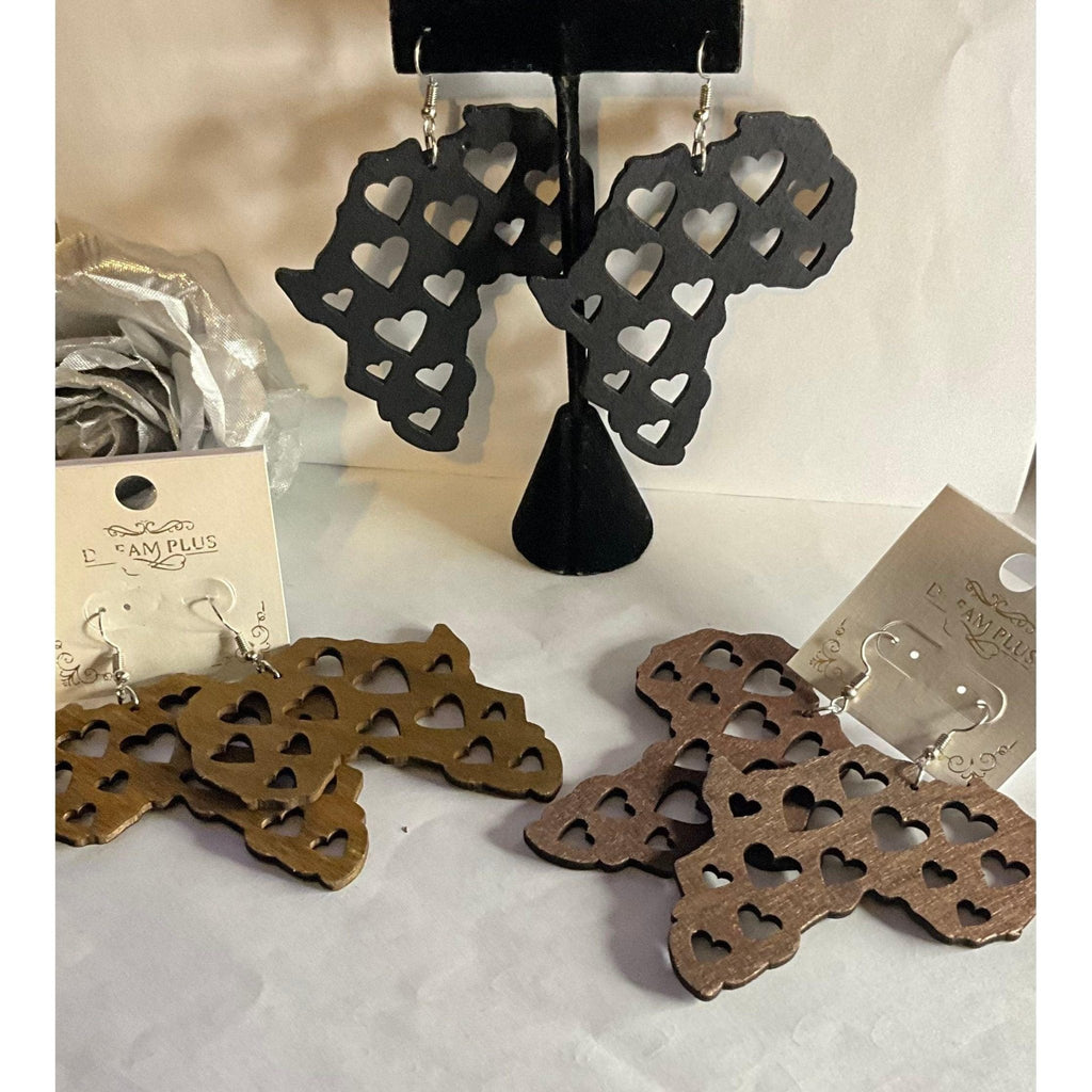 Africa Carved Pattern Wood Earrings with Hearts - Rosmarray Collections, LLC.