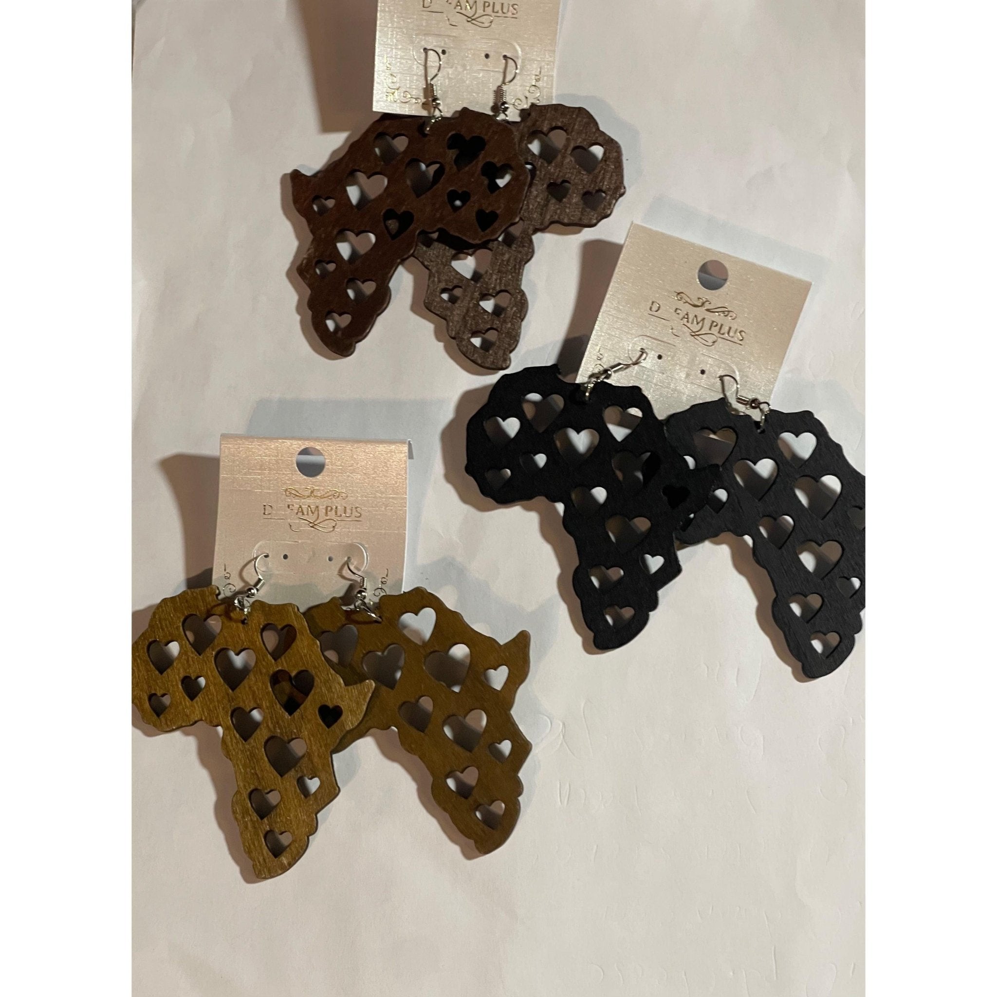 Africa Carved Pattern Wood Earrings with Hearts - Rosmarray Collections, LLC.