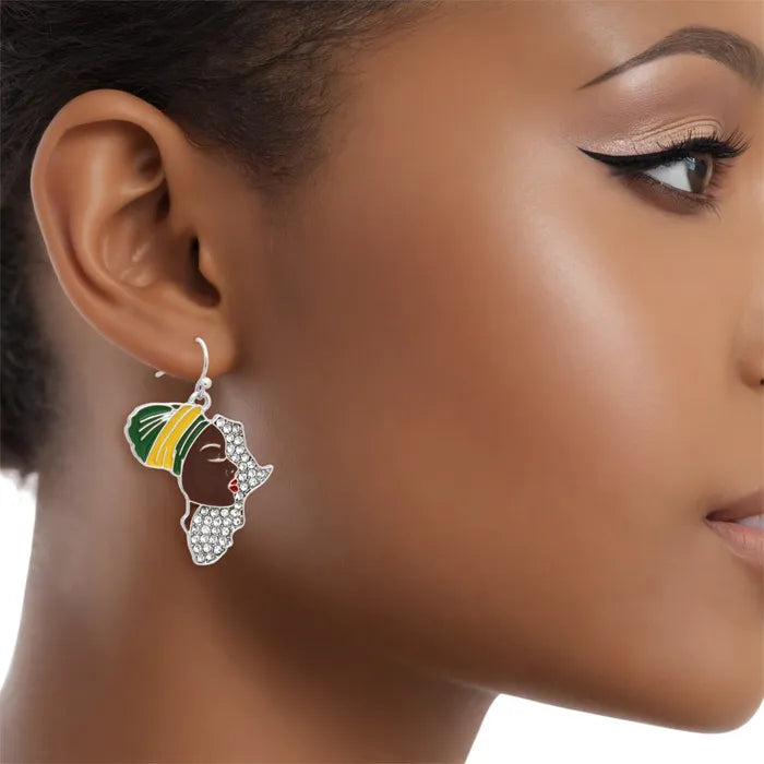 Silver African Woman Fish Hooks Rhinestone Earrings