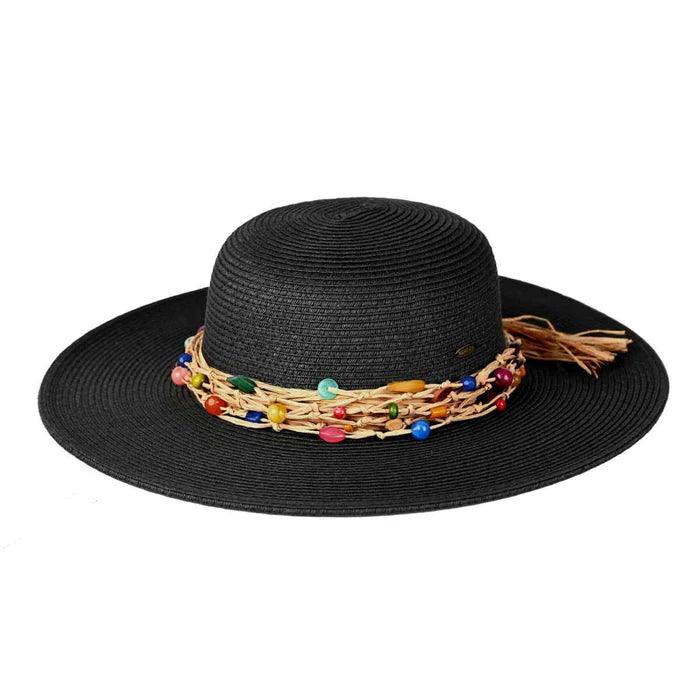 Gloria Colorful Bead Trim Wide Brim Hat - Rosmarray Collections, LLC.