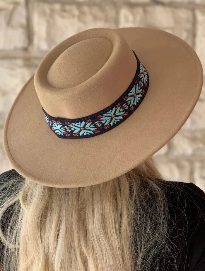 Mirta Aztec Trim Wide Brim Fedora - Rosmarray Collections, LLC.